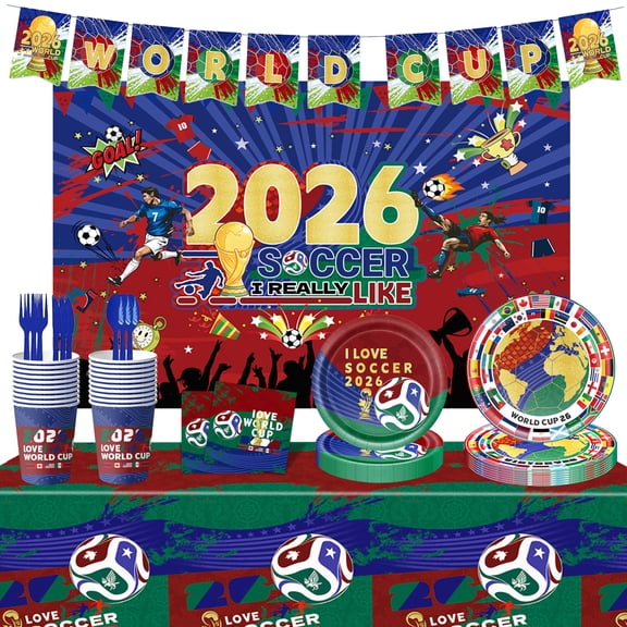 Party Decorations for World Cup 2026, 82 PCS Soccer Theme Party Supplies with Thickened Plates, Napkins Set Tablecloth and Banner for Sports Birthday Party, Soccer Decor
