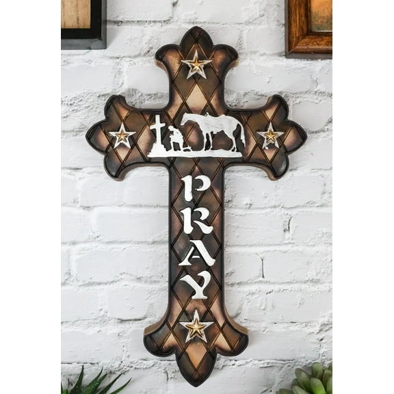 Western Kneeling Cowboy With Horse In Prayer At Calvary Fleur De Lis Wall Cross