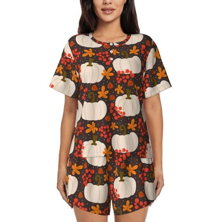 Sikiie Autumn White Pumpkin Womens Pajama Sets Short Sleeve Top With Pants Sleepwear 2 Piece Lounge Set-4X-Large