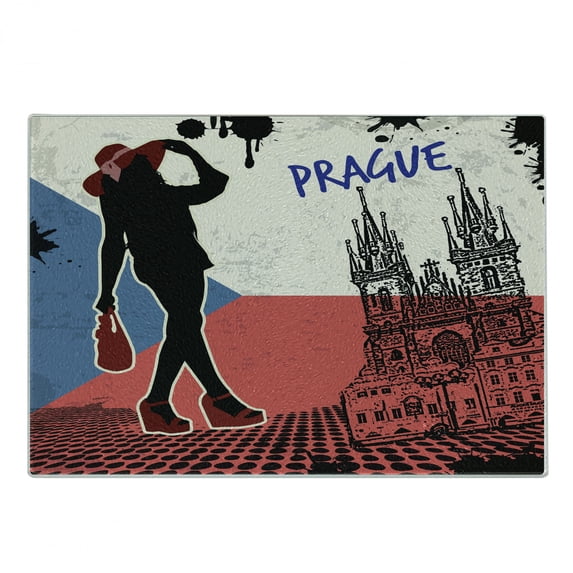 Prague Cutting Board, Old Building with Woman Silhouette Fashion Theme European Country Flag Background, Decorative Tempered Glass Cutting and Serving Board, in 3 Sizes, by Ambesonne