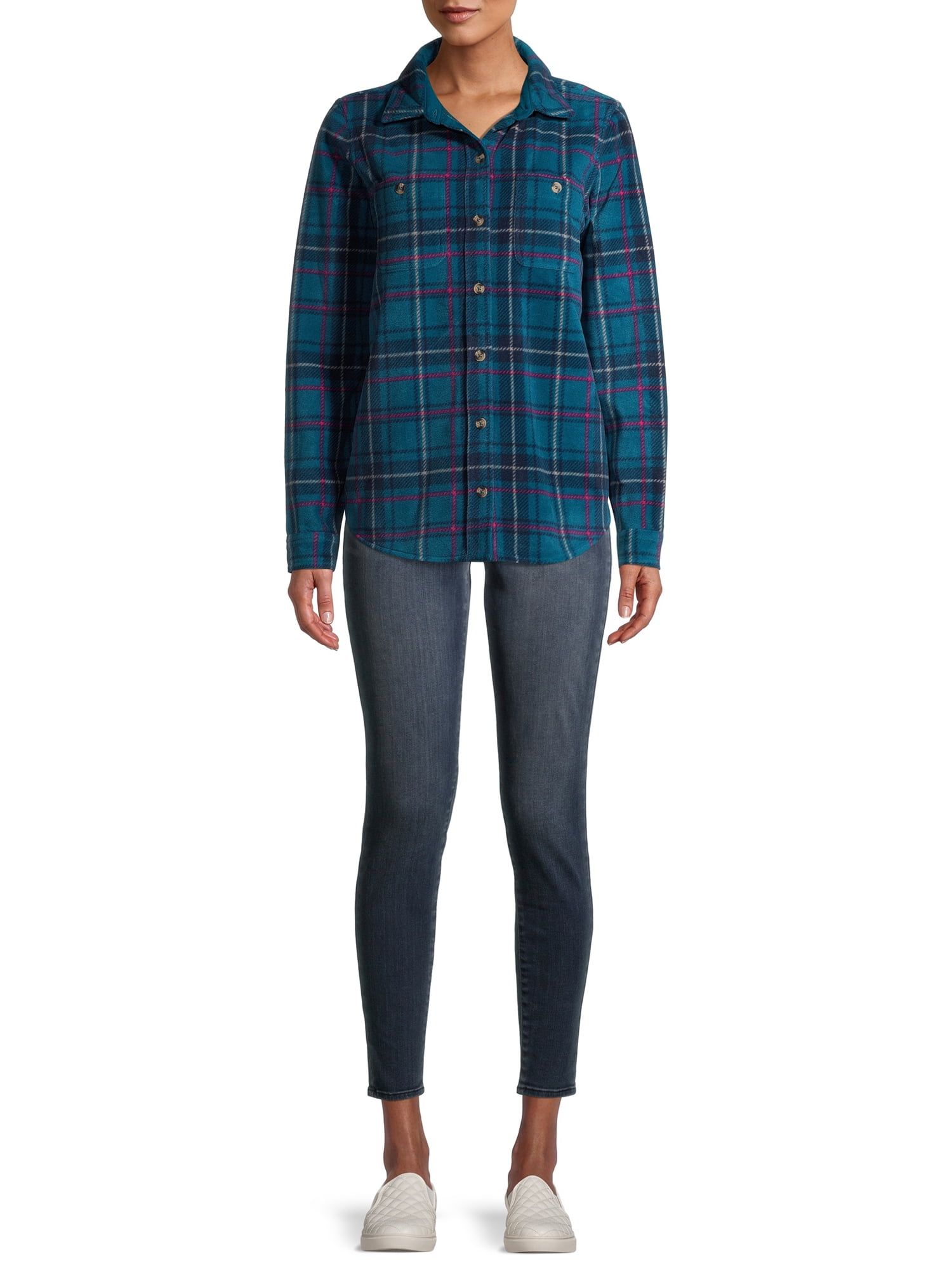 Time and Tru Long Sleeve Relaxed Fit Checked Plaid Jacket (Women's) 1 Pack