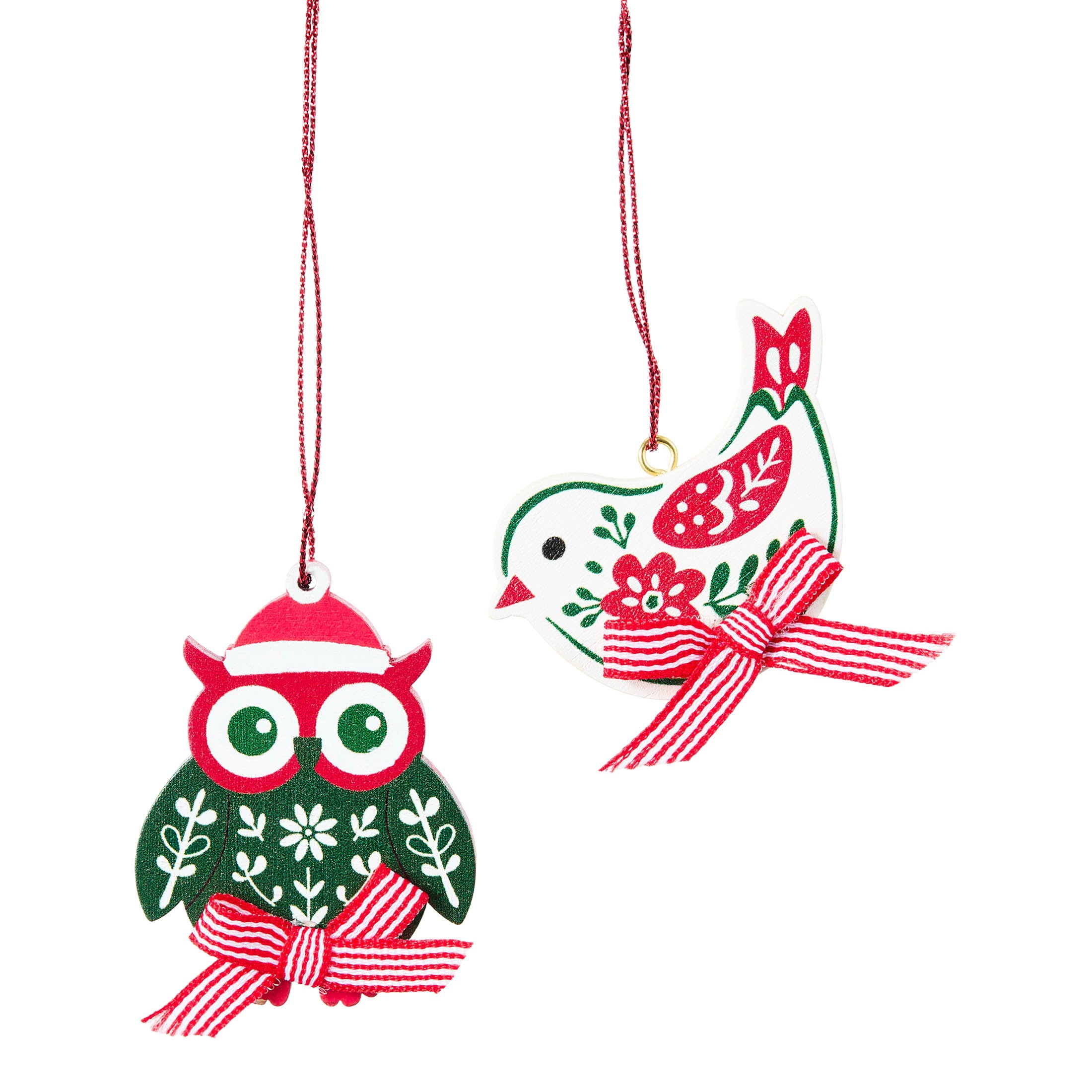 4-Count Red/White/Green Wood Owl and Dove Mini Christmas Ornaments, by Holiday Time