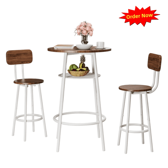 Tcbosik 3 Pieces Round Bar Table Set, Modern Breakfast Table with Storage Shelf, 2 Stools with Backrest, Kitchen Table Set for Small Space, Dining Room, Kitchen, Easy Assembly, Brown & White