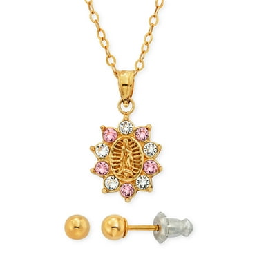 Brilliance Fine Jewelry 14K Gold Plated Sterling Silver Crystal Guadalupe Pendant & Studs Children’s Set