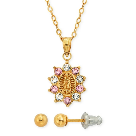 Brilliance Fine Jewelry 14K Gold Plated Crystal Guadalupe Pendant & Stud Earrings Set, Youth to Adult, Female