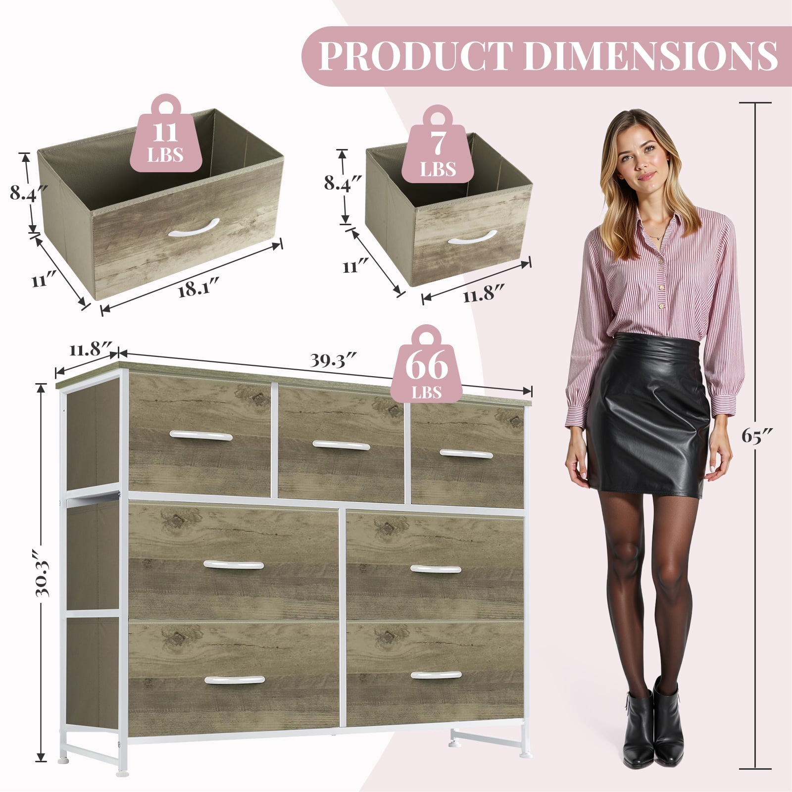 Dresser, Betcozy Storage Organizer with 7 Drawers for Bedroom, Chest of Drawers with Fabric Bins, Sturdy Metal Frame, Wood Tabletop for Guest Room, Closet, Entryway, Nursery, Smoked ash