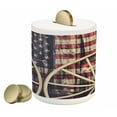 thumbnail image 1 of Western Piggy Bank, Antique Cart Carriage Wheels American Flag in Retro Vintage Colors New World Print, Ceramic Coin Bank Money Box for Cash Saving, 3.6" X 3.2", Multicolor, by Ambesonne, 1 of 4