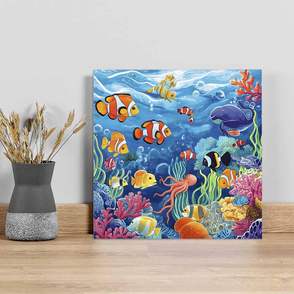 Ocean Underwater Canvas Wall Art, Marine Life Fish Octopus Coral Seagrass Framed Wall Decor Modern Artwork Prints Painting for Living Room, Bedroom, Kitchen & Cafe Decor 16x16 Inch