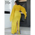 thumbnail image 2 of Missord Yellow Sequin Plus Size Wedding Party Dress Elegant Women V Neck Flare Sleeve Bodycon Prom Dresses Long Evening Gown, 2 of 5