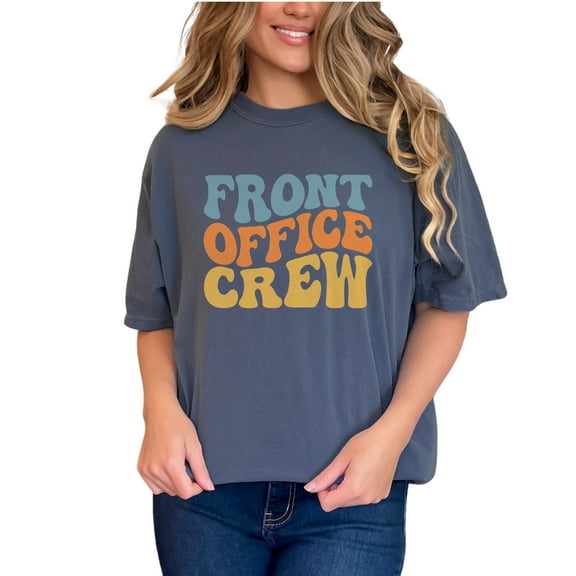 Front Office Crew, Company Employees Themed, Groovy Retro Wavy Text, Denim Comfort Colors T-Shirt, Small