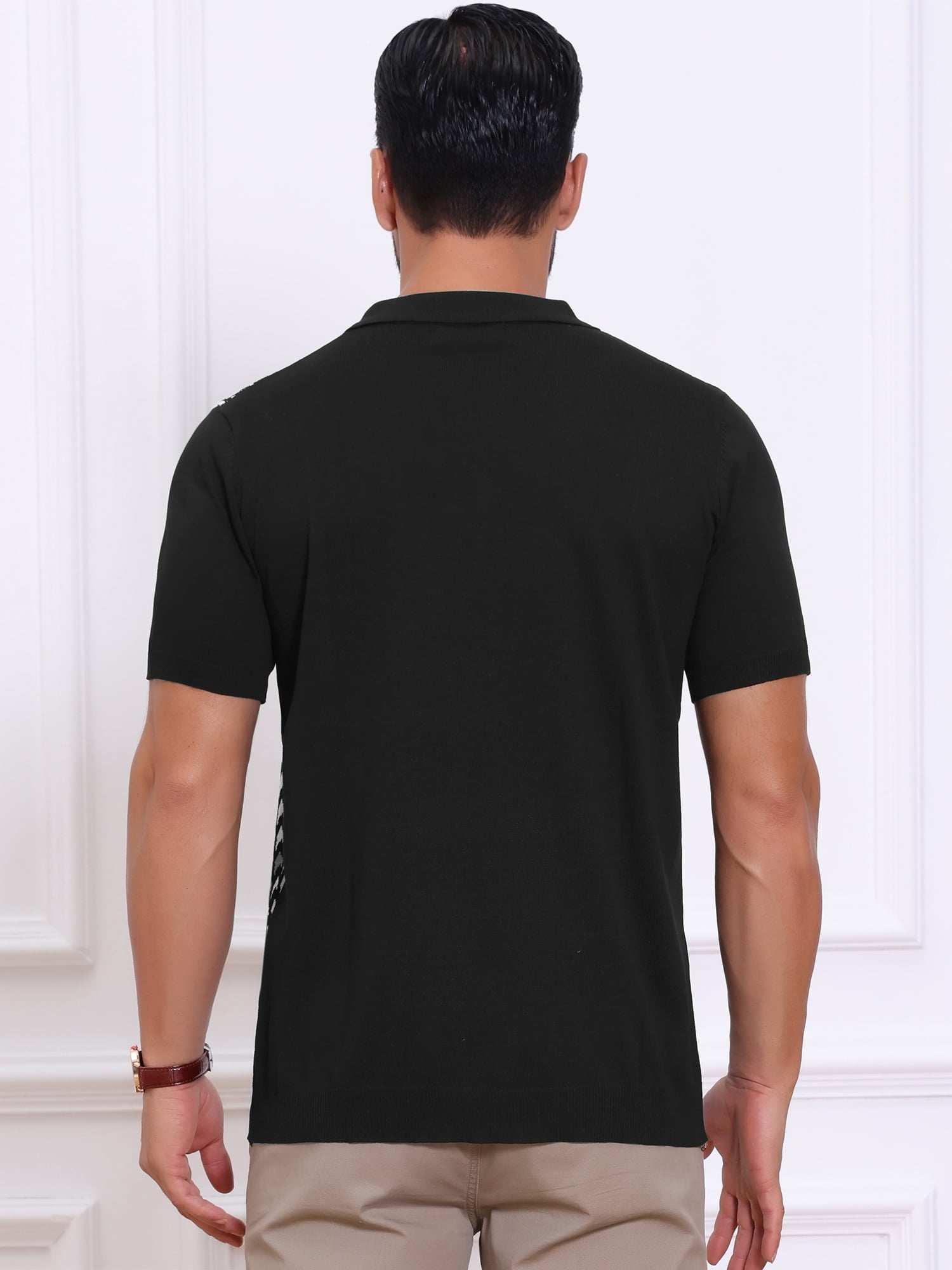 DARING DIVA Men's Houndstooth Summer Short Sleeve Casual Knit Polo Shirt M Black White