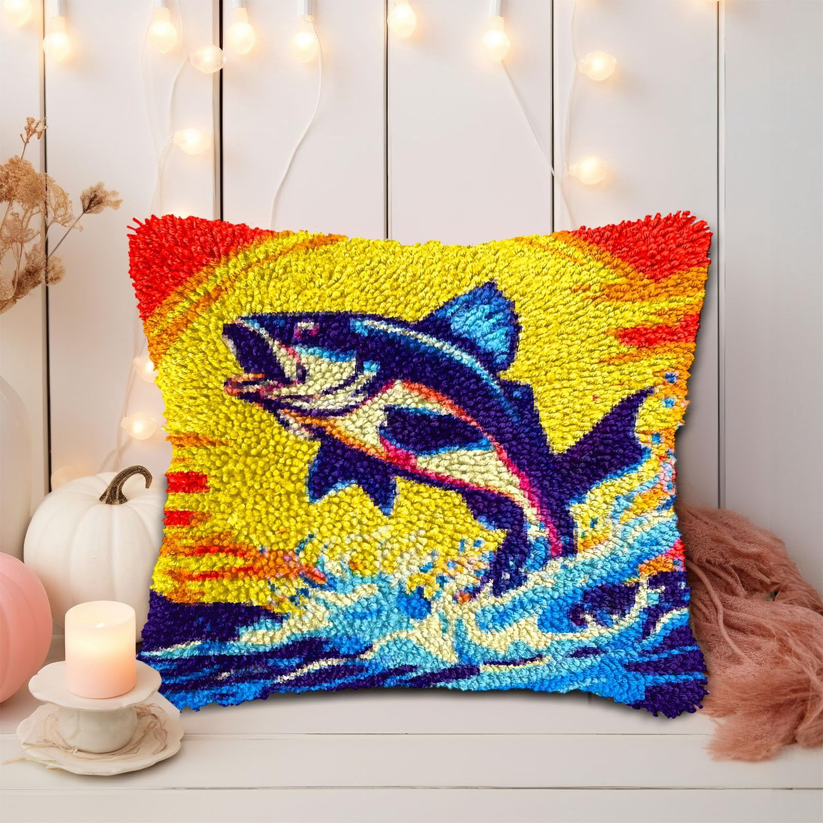 Fish Bass Out from Water DIY Latch Hook Pillow Kits for Adults Printed Pillowcase Crochet Yarns Hooking Handmade Pillow Cover Cushion for Home Sofa Decoration 17x17inch(2)