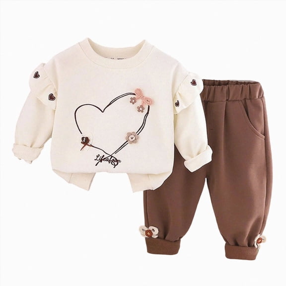 TOWED22 Toddler Girls 2 Piece Outfits Fall Clothes Knit Tulle Puff Sleeves Top and Flare Pants Set for Girl,White,1-2 Y