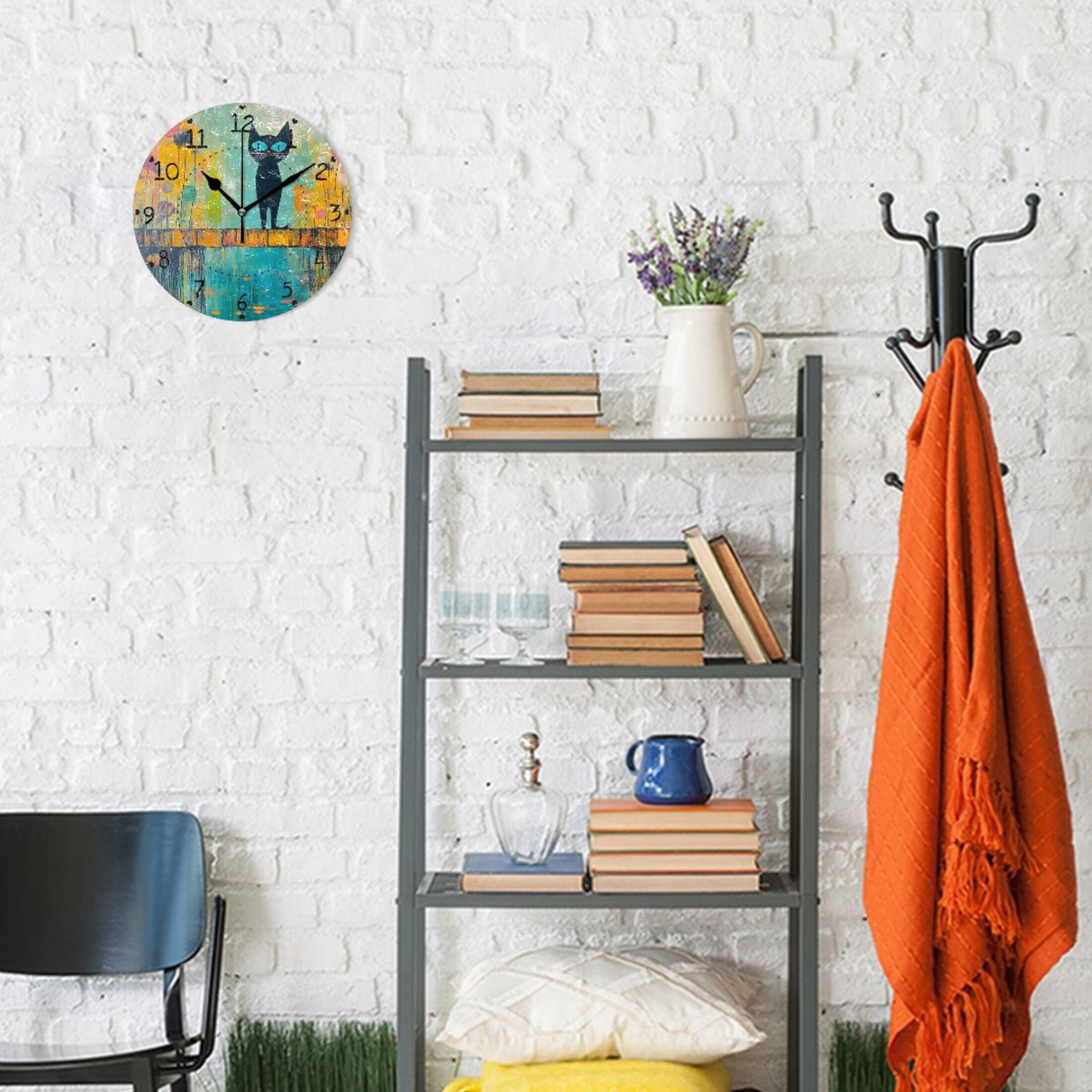 Cat in Abstract Painting Style Round Wall Clock Silent Battery Operated Home Decor for Living Room Bedroom