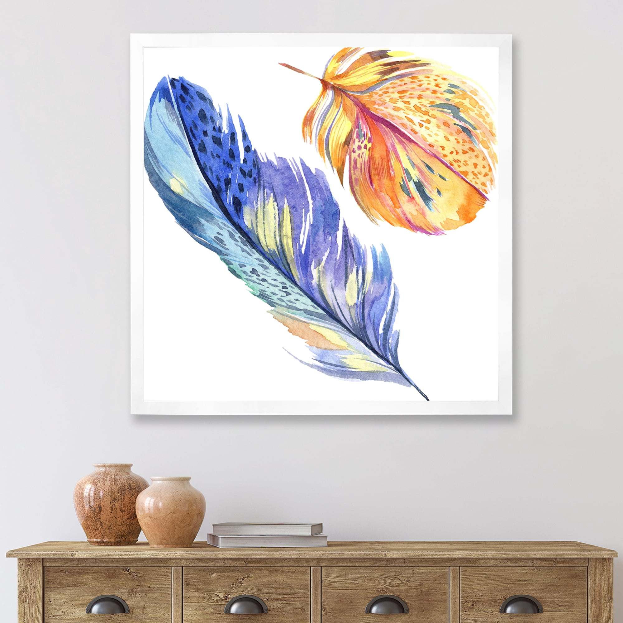Designart 'Colorful Blue and Golden Bird Feather From Wing' Bohemian & Eclectic Framed Art Print
