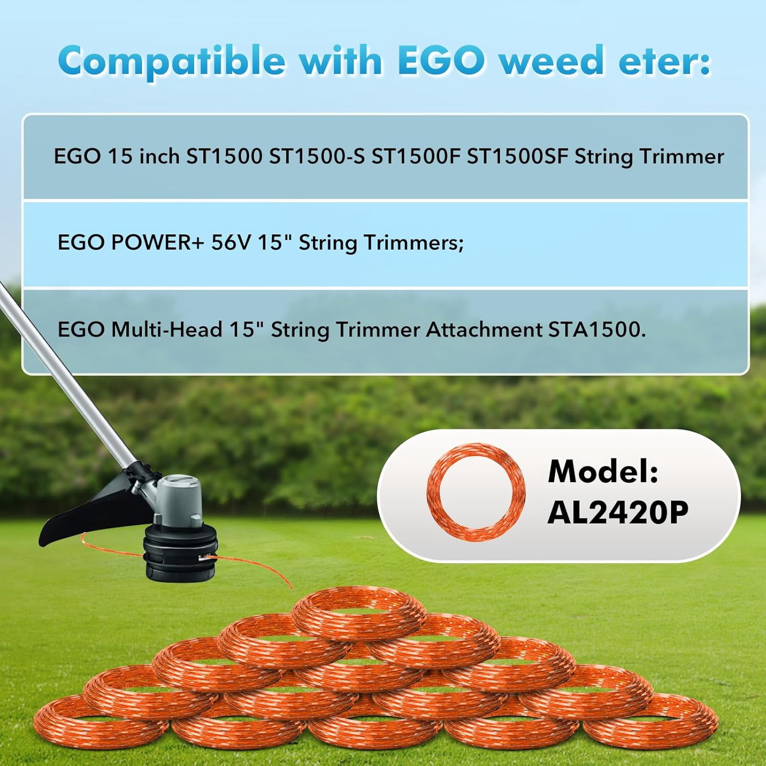 OWNTIDE 15-Pack 0.095" Twisted Trimmer Line for EGO 56V String Trimmers, Pre-Cut 210ft AL2420P Replacement Weed Wacker String