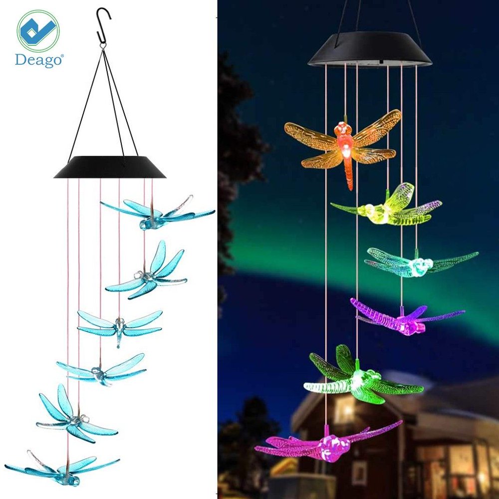 Deago 29" Solar Powered Changing Color Wind Chime Dragonfly LED Lights