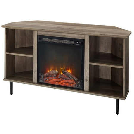 Pemberly Row 48" Simple Wooden Corner Fireplace TV Stand in Gray Wash ...