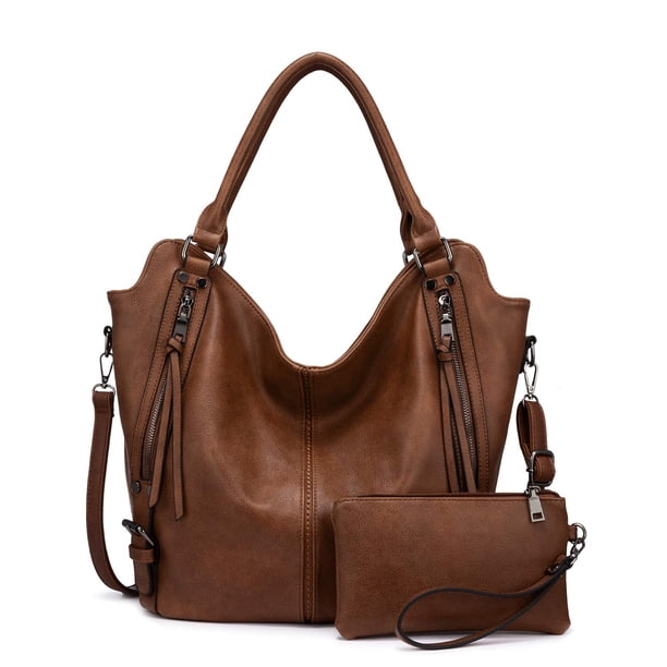 Bolso de mano Realer de piel sintética con hombros a la moda, estilo hobo, tamaño grande, marrón