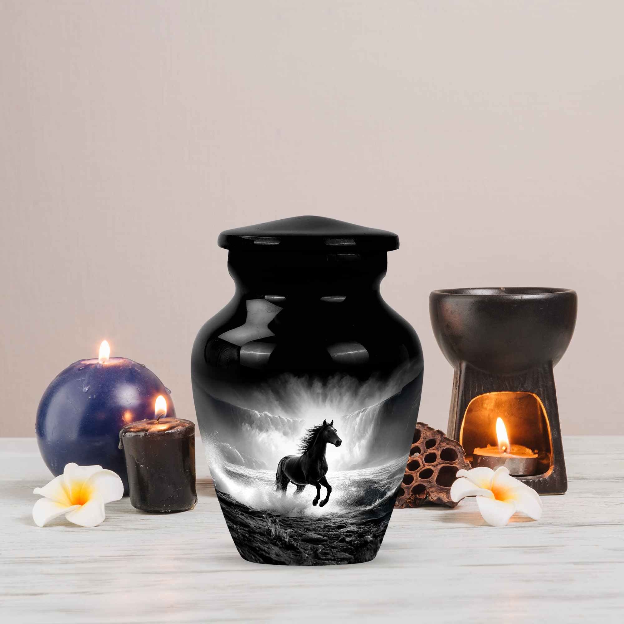 MUKTIVE Waterfall Tiny Cremation Urns for Adult Male, Mini Black Burial Urn for Ashes for Women, Keepsake Horse Memorial Decorative Funeral Ash Urns for Human, 3 Inch