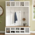 thumbnail image 2 of shunda K Farmhouse Wooden Style 78''H Modern Hall Tree with Wide Storage Seating Bench, Entryway Shoe Cabinet with 13 Compartments, Elegant Coat Rack with 6 Hooks for Mudroom, Living room, White, 2 of 5