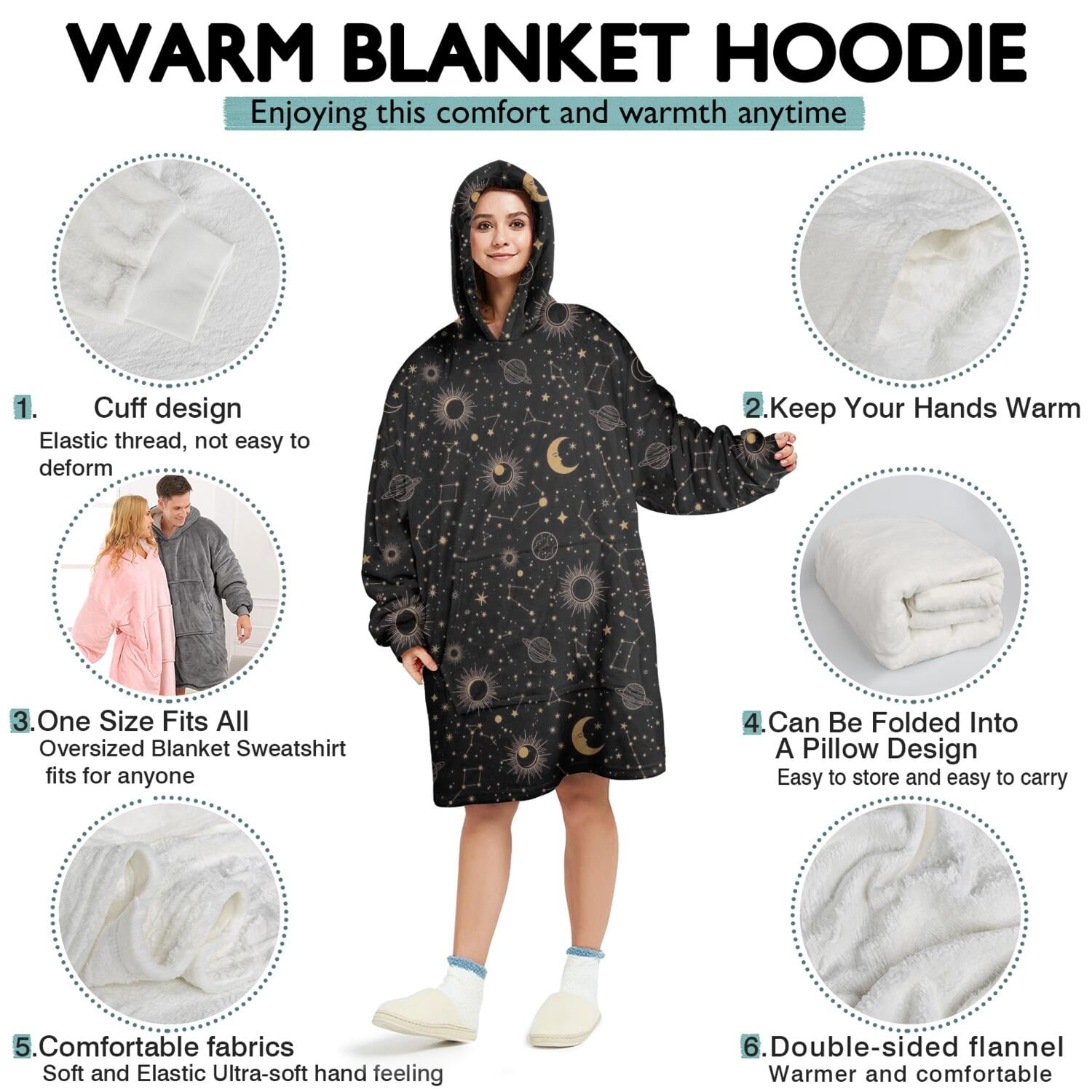 Wearable Oversized Blanket,Black Sun Moon Star Planet Constellation Pattern Wearable Blanket Hoodie for Adults,Cozy Hooded Blankets with Super Pockets,Super Warm Fuzzy Pullover for Women & Men