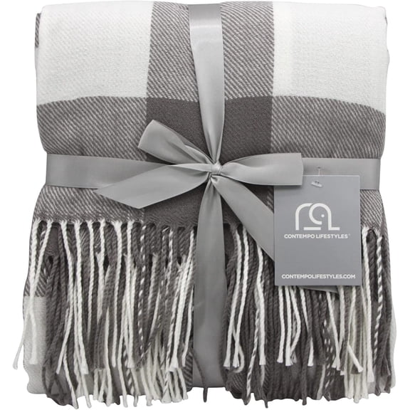 Buffalo Plaid Throw Blanket by Contempo Lifestyles 50 x 70 Inch Decorative Classic Blanket Comfortable and Ultra-Soft Ideal for Living Room, Couch, Travelling, (Elephant/Ivory)