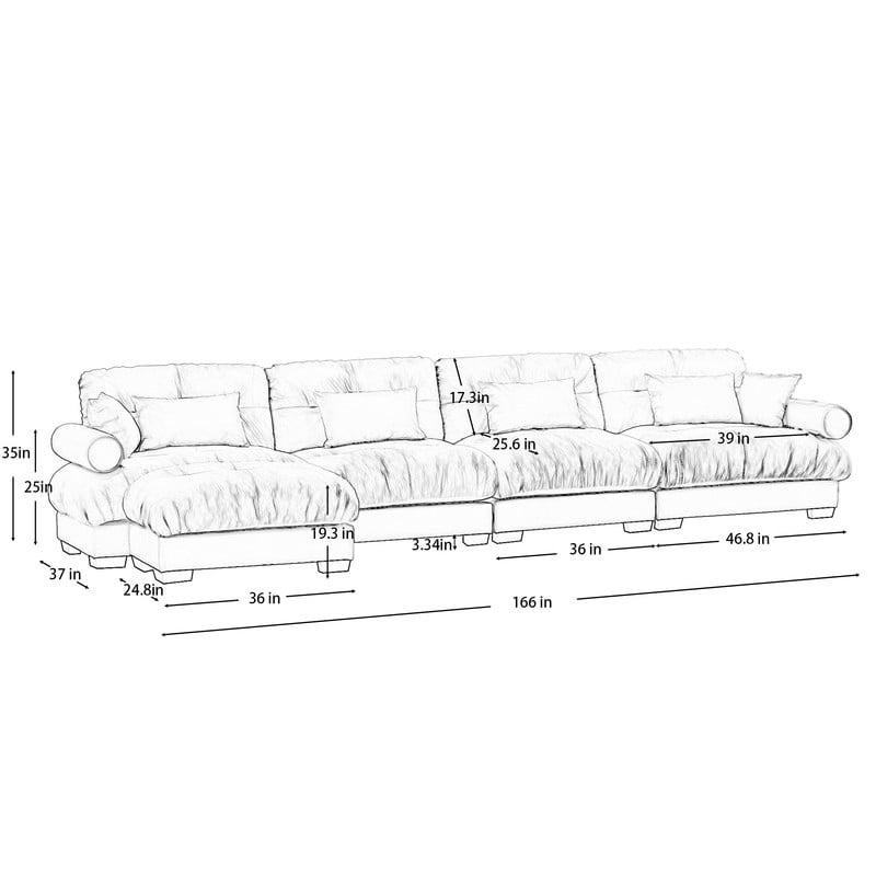 166" Modular Sectional Sofa with Ottoman, 4-Seater Velvet Couch, Convertible L-Shaped Sofa, Deep Seat Cloud Couch with Pillows, Modern Sofa for Living Room, Apartment, Camel
