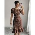 thumbnail image 3 of Coffee Brown Floral Jacquard Puff Sleeve Ruffle Hem Midi Fit & Flare Dress, 3 of 30