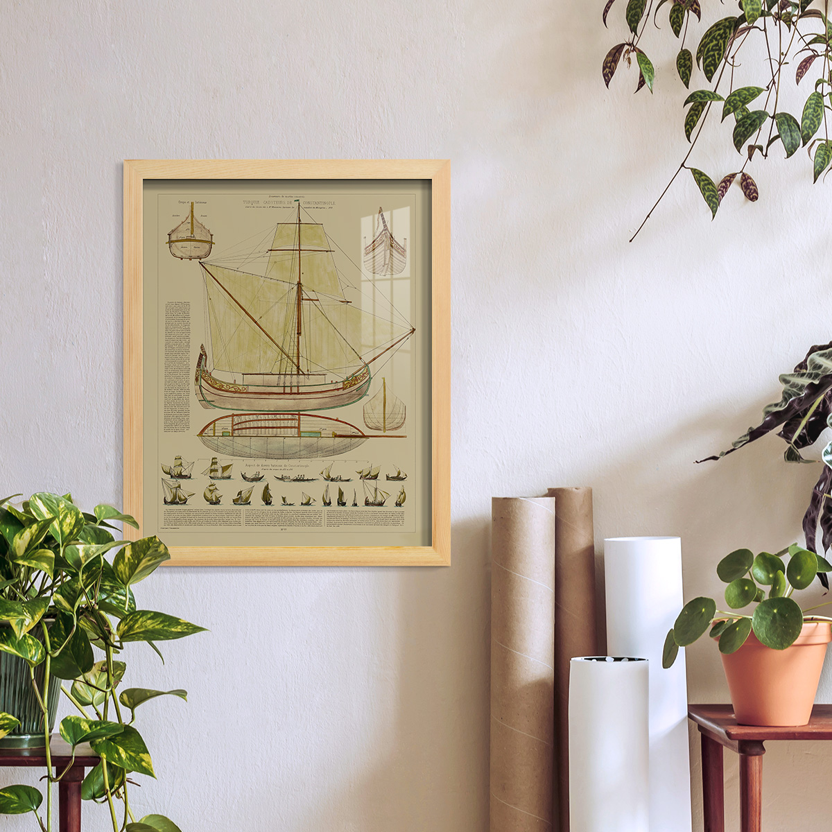 Antique Ship Plan I -Framed Print w/glass-Natural Wood
