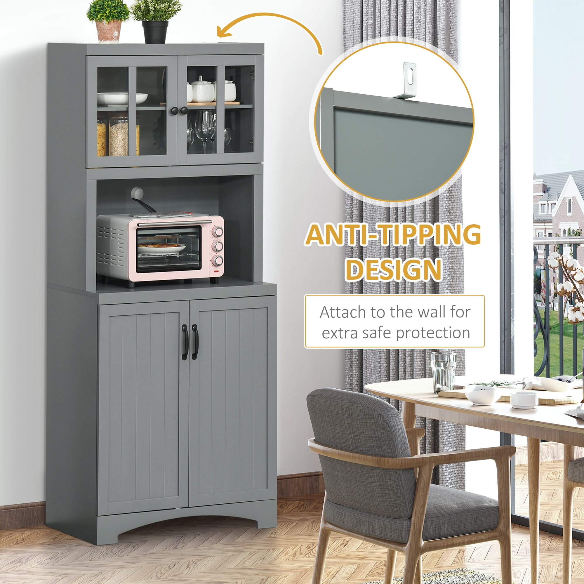 HOMCOM Kitchen Hutch, Pantry Cabinet with Glass Framed Door, Adjustable Shelves and Microwave Space for Dining Room, Gray