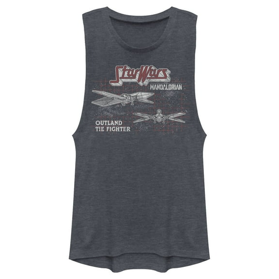 Junior's Star Wars: The Mandalorian TIE Fighter Grid Festival Muscle Graphic Tee Denim Blue Heather Large