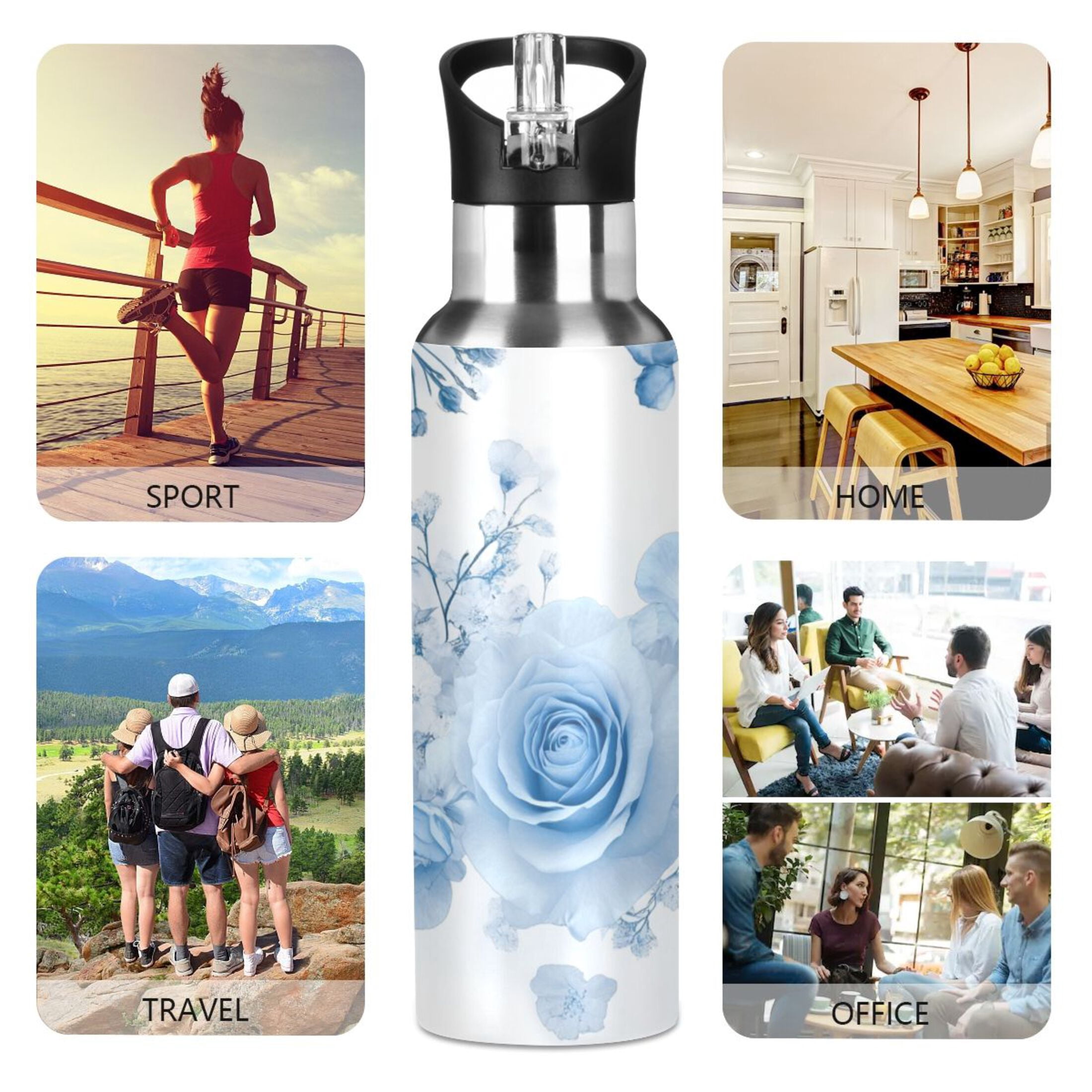 Babysbreath and Blue Roses Sports Bottle with Straw Stainless Steel Water Jug Portable Thermal Cup Leak-proof 1000ML