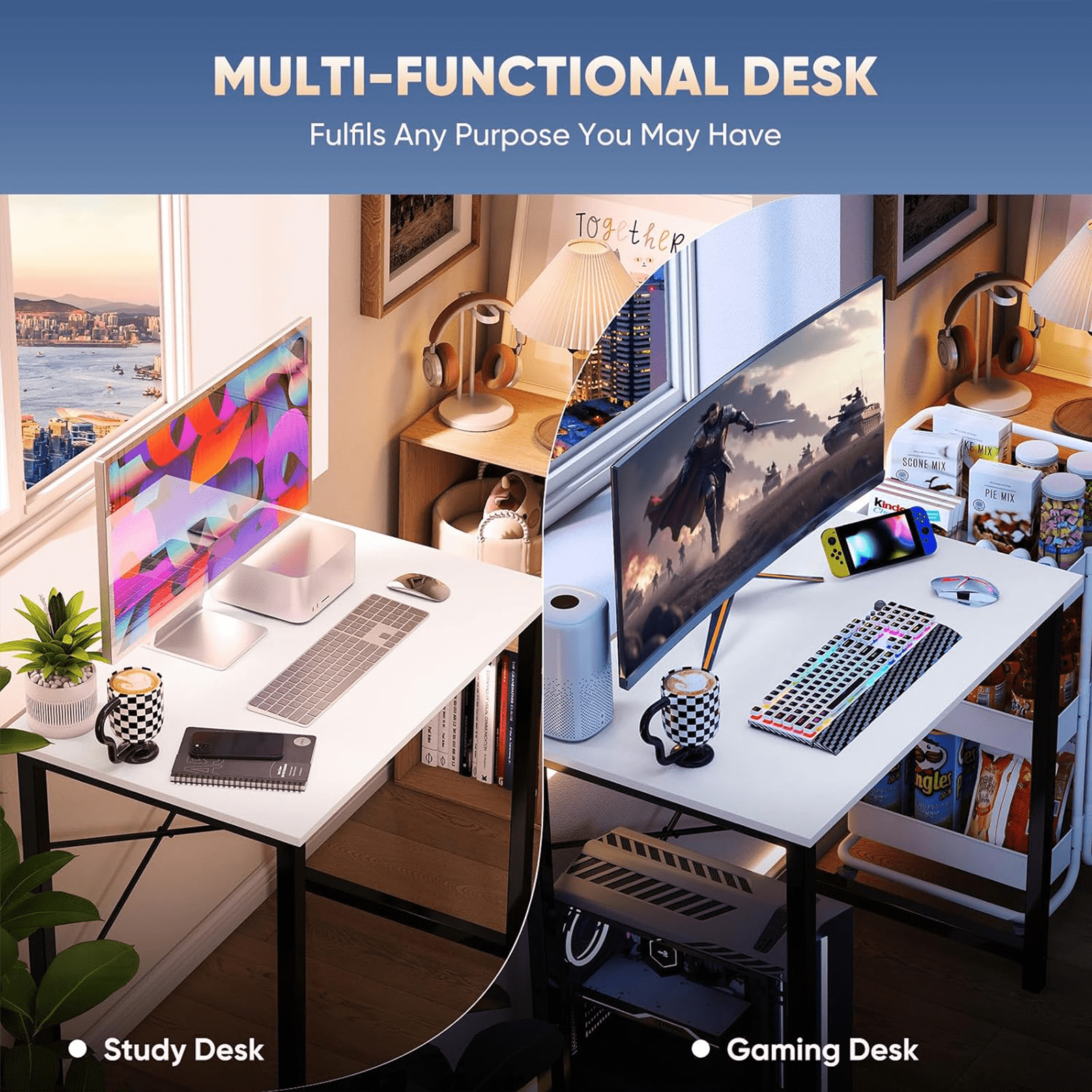 Casabay 47 Inch Computer Desk Home Office Desk with X-Shaped Metal Frame, Waterproof Writing Table with Simple Style for Small Space, White