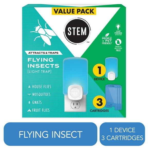 STEM Light Trap, Attracts and Traps Flying Insects, Emits Soft Blue Light, [Includes Starter Kit with 1 Light Trap and 3 Cartridges]