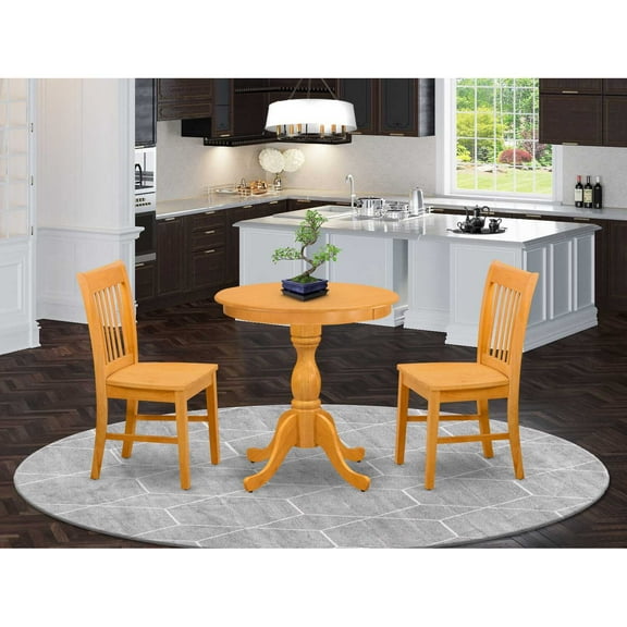 East West Furniture - ESNF3-OAK-W - 3-Pc Kitchen Table Set - 2 Dining Room Chairs and 1 Modern Dining Table (Oak Finish)