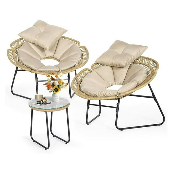 3 Pieces Rattan Bistro Set, Flower-Shaped Wicker Patio Furniture Set with Cushion & Pillow, Bistro Table and Chairs Set of 2 with Glass Top Table Adjustable Foot Pads in Balcony, Apartment