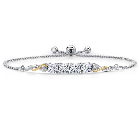 Gem Stone King 925 Silver and 10K Yellow Gold White Moissanite and White Lab Grown Diamond Bracelet for Women | 2.02 Cttw | Round 5MM | Fully Adjustable 9 inch