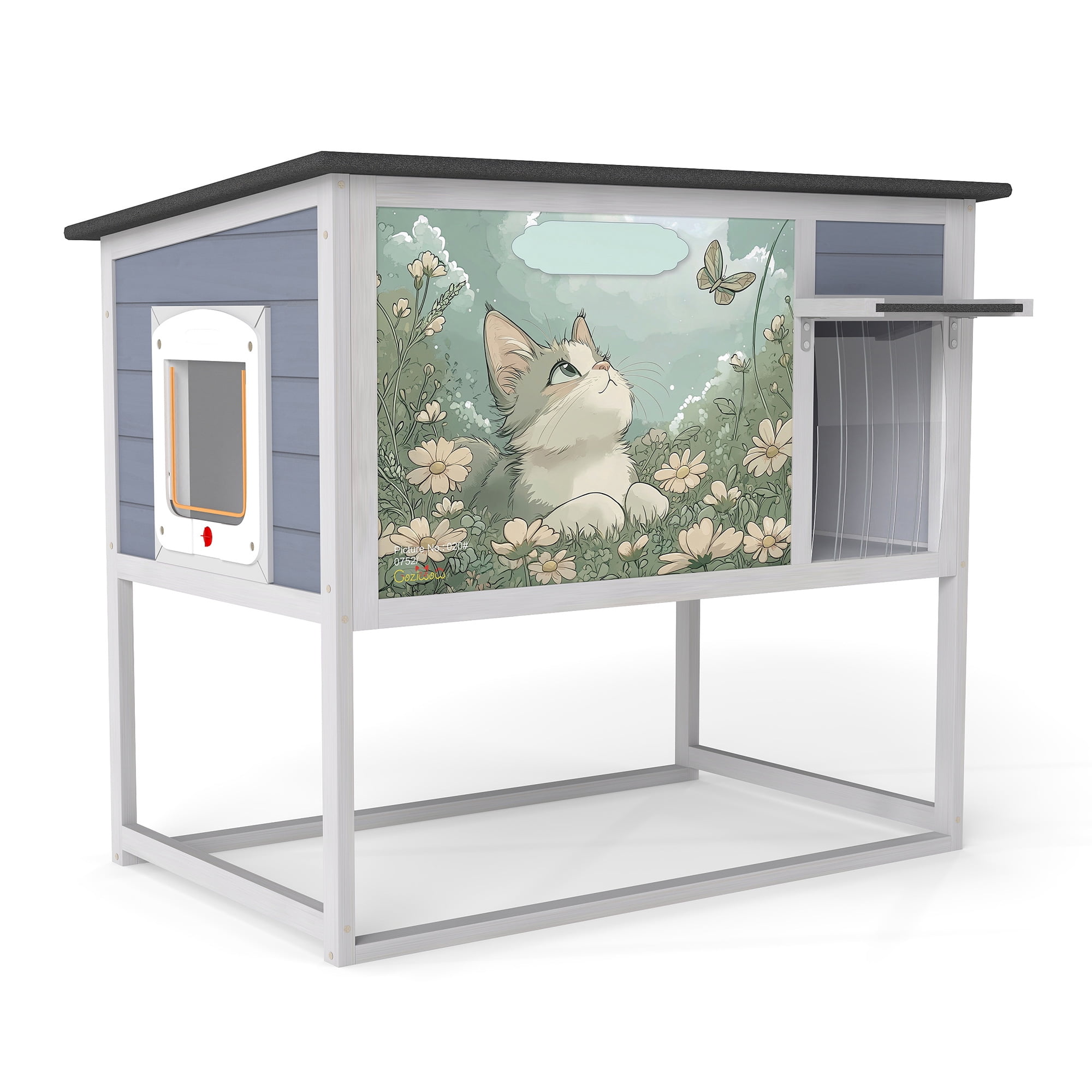Weatherproof Outdoor Cat House, Elevated Feral Cat Shelter with High Legs, Curtained Door, Escape Door, Openable Top, Gray with Patterned Panel