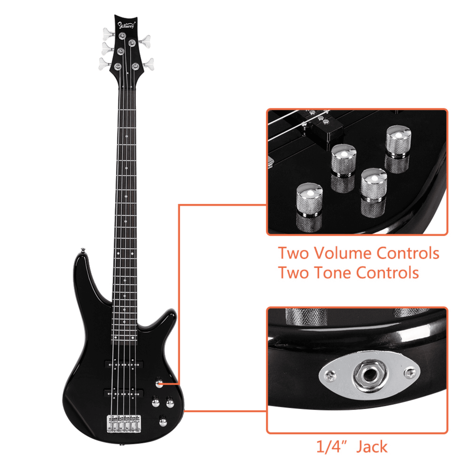 Hassch 5 String Electric Bass Guitar, Full Size Bass Kit with Bag, Strap, Pick, Connector and Wrench Tool, Black