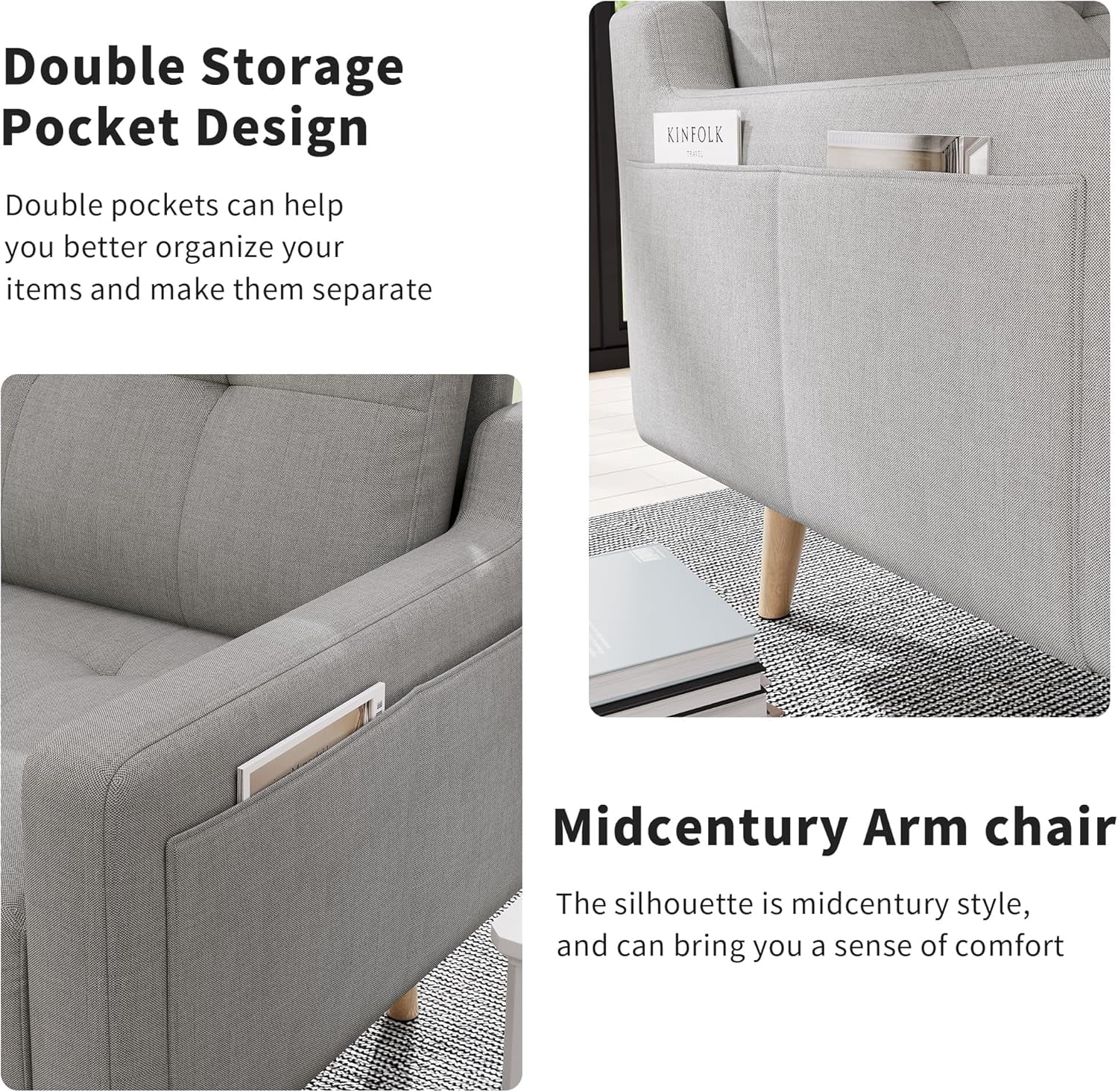 Mid Century Modern Accent Chair Reading Chair with Wood Legs, Upholstered Armchair Fabric Single Sofa Chair for Living Room & Bedroom (Light Gray)