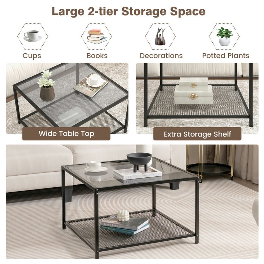 Finihen Coffee Table, Glass Coffee Table, Modern 2-Tier Square Glass Coffee Table with Mesh Shelf, for Living Room, Reception Room, Gray Finihen Coffee Table, Glass Coffee Table, Modern 2-Tier Square Glass Coffee Table with Mesh Shelf, for Living Room, Reception Room, Gray