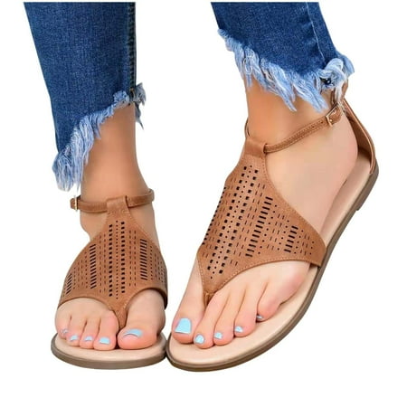 

Women s Cute Open Toes Sandals Roman Flip Flops Shoes Summer Ankle Strap Flat Sandals Gladiator Back Zipper Sandals Cut Out Clip-Toe Boho Sandal Brown 5.5