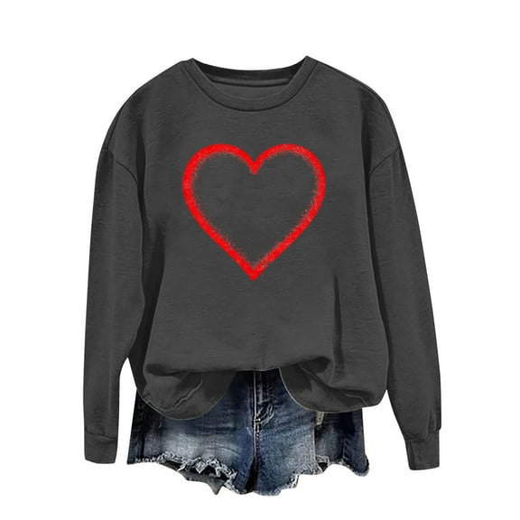 Valentine Sweatshirt for Women Love Heart Graphic Shirt Casual Valentines Gifts Long Sleeve Pullover Tops Dark Gray S