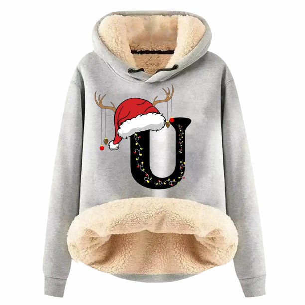 WILLBEST Sudadera de Mujer con Estampado de Letras Navideñas, Sudadera con Capucha de Lana Gruesa, Cálida para Invierno, Estilo Pullover XX-Grande