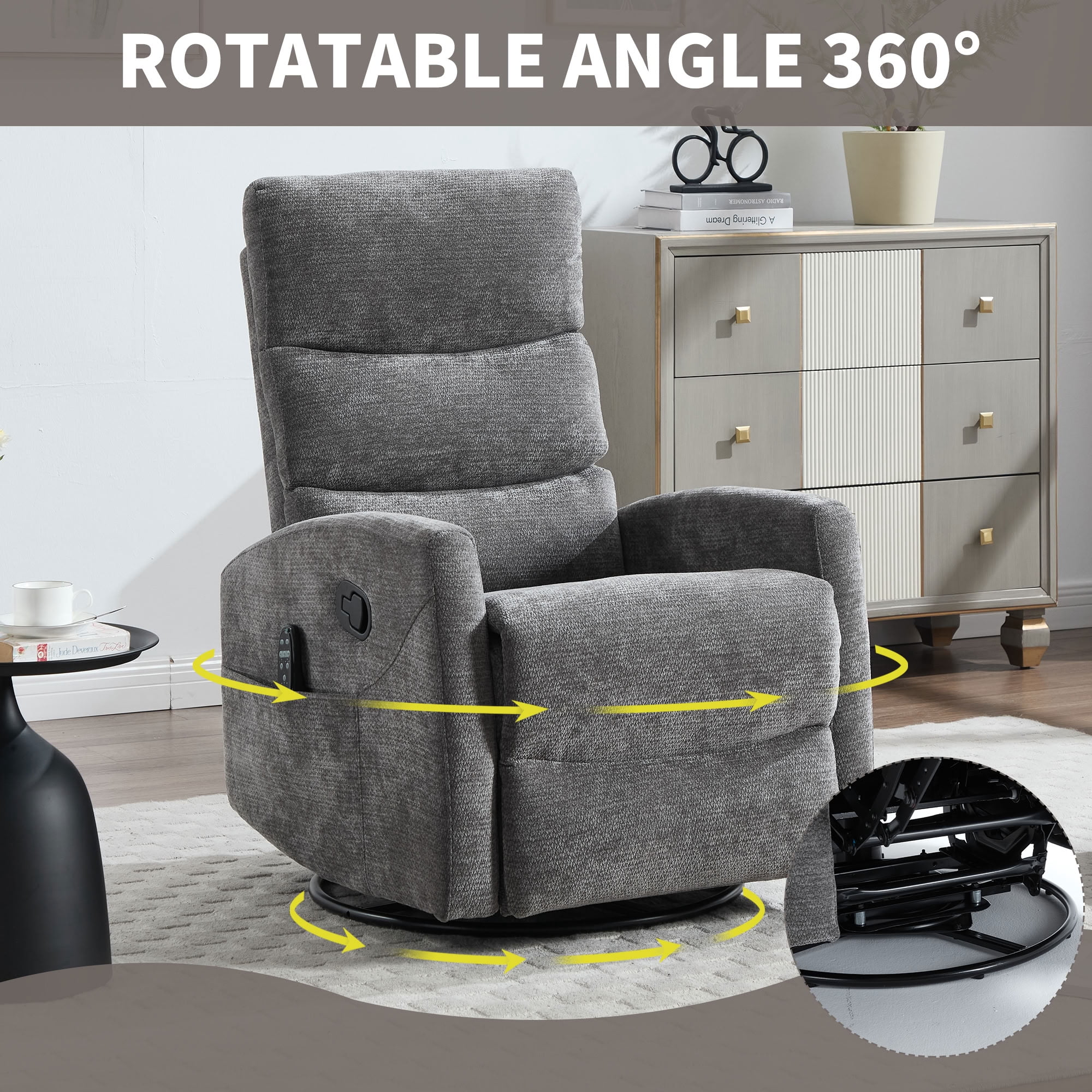MAYEERTY 360 Degree Swivel Rocker Recliner Chair, Manual Recline Glider Chair with 8-Point Vibration Massage & Lumbar Heat, for Living Room Nursery Bedroom