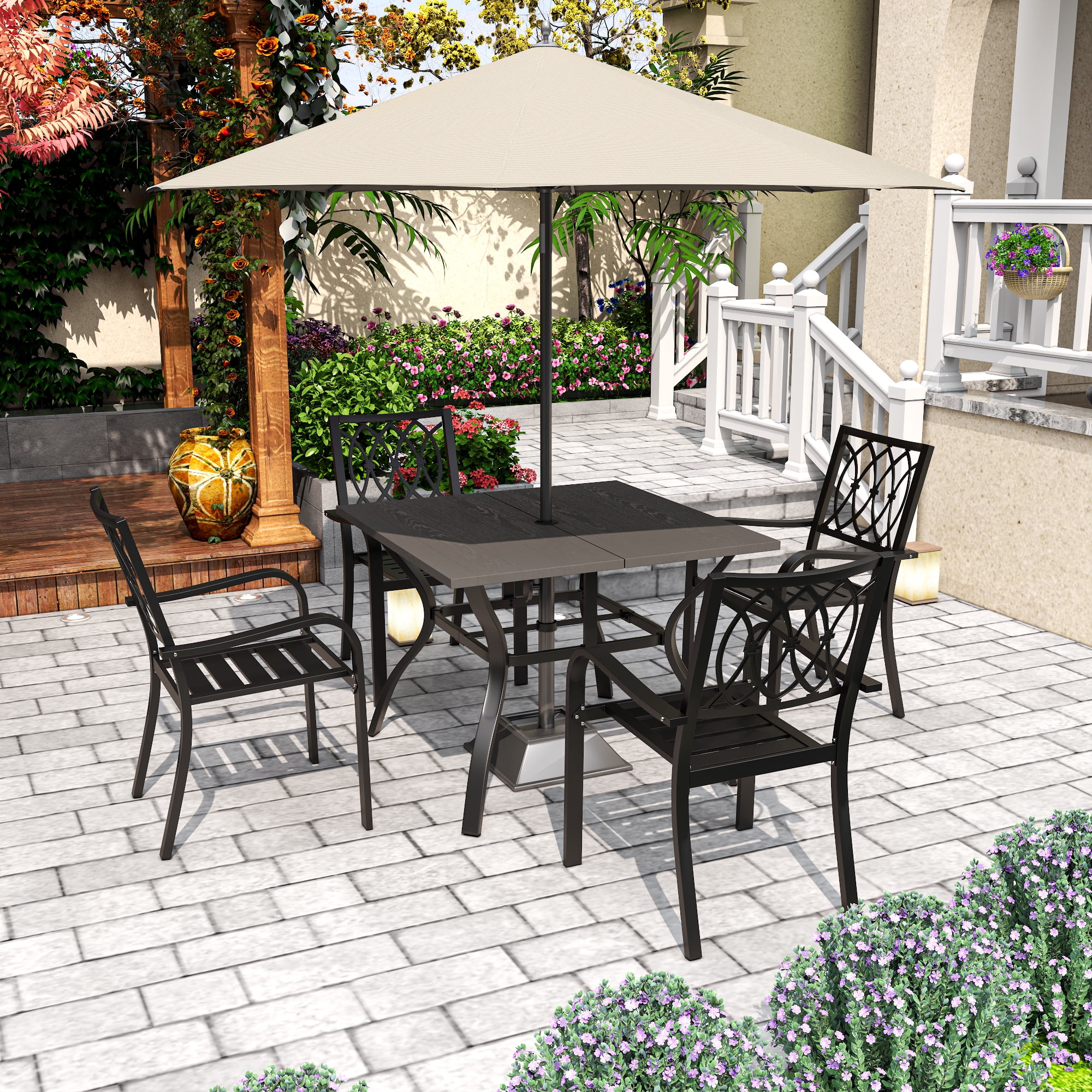 Heavy Duty Stacking Patio Dining Chair with 350 lb Capacity, Ergonomic Breathable Outdoor Chair with Slatted Design for Garden BBQ Party Camping, 30-Min Assembly, Black