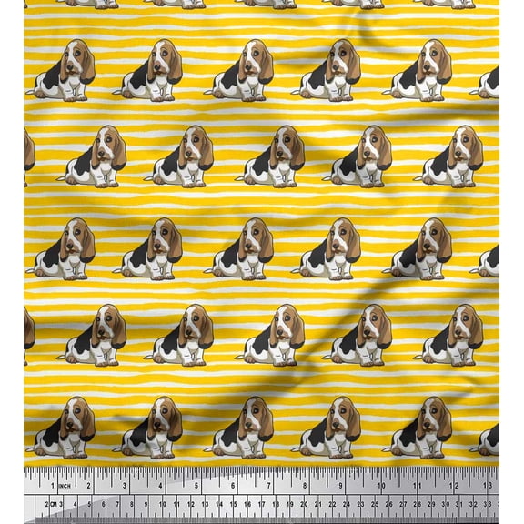 Soimoi Silk Fabric Stripe & Basset Hound Dog Decor Fabric Printed Yard 42 Inch Wide