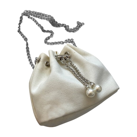 Women Bucket Shoulder Bag Autumn Stylish Large Capacity Hardware Chain Canvas Small Bucket Bag for Daily Party Shopping Beige Free Size
