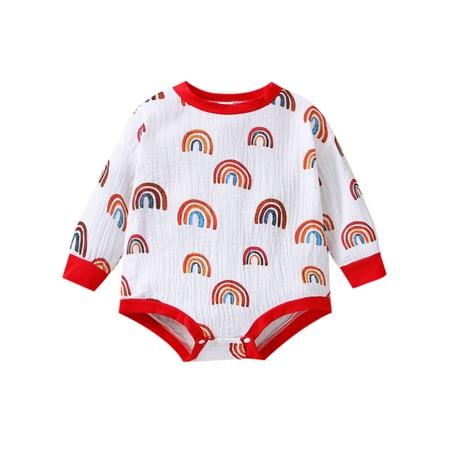 

Nokpsedcb Newborn Baby Boys Girls Cotton Romper Spring Fall Casual Soft Long Sleeve Animal Rainbow Bodysuit Red White 18-24 Months